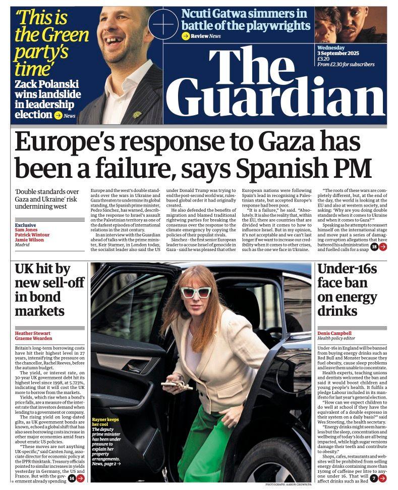 The headline on the front page of the Guardian reads: "Europe's response to Gaza has been a failure, says Spanish PM".