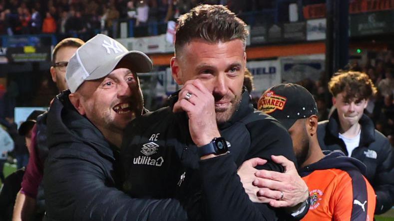 Luton Town manager Rob Edwards mobbed by fans at the play-off semi final on Tuesday night at Kenilworth Road, Luton  Semi-Final Second Leg match 