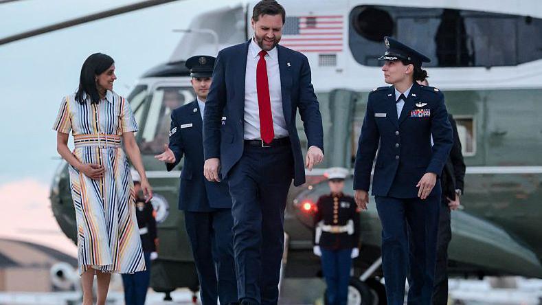 JD Vance and his wife, Usha Vance, at Joint Base Andrews, Maryland