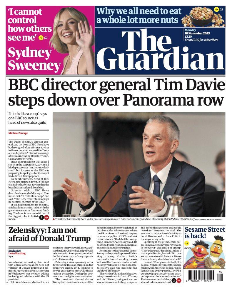 The headline on the front page of the Guardian reads: BBC director general Time Davie steps down over Panorama row".