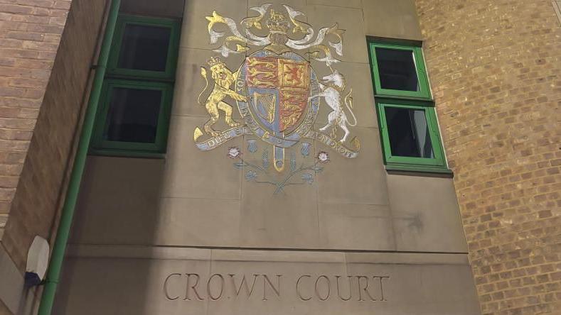 Luton Crown Court: The words "CROWN COURT" written on a grey wall below a multi-coloured crest. Two window with green frames and brown-brick walls are also visible at the sides of the crest.