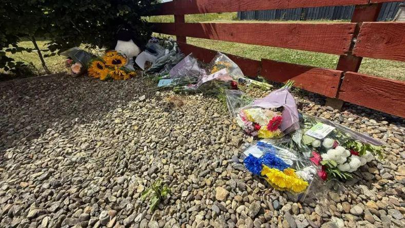 Various bunches of colourful flowers lie on stones on the floor. A red wooden fence sits behind them on a sunny day.