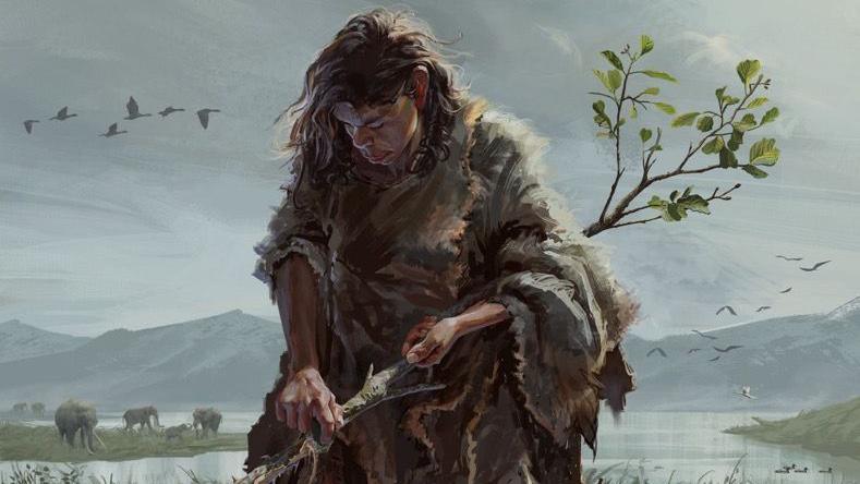 An artist’s reconstruction of a paleolithic woman producing a digging stick from a small alder tree trunk.