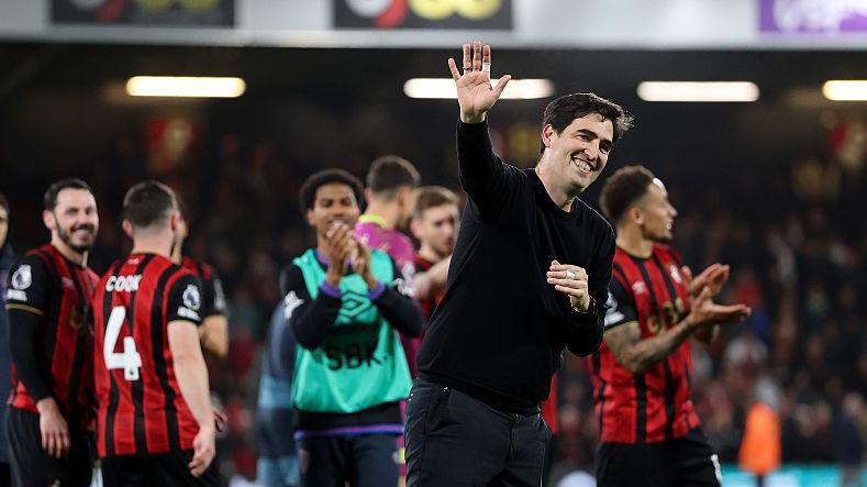 Andoni Iraola waves at the Bournemouth fans following his side's draw with Manchester City on Tuesday