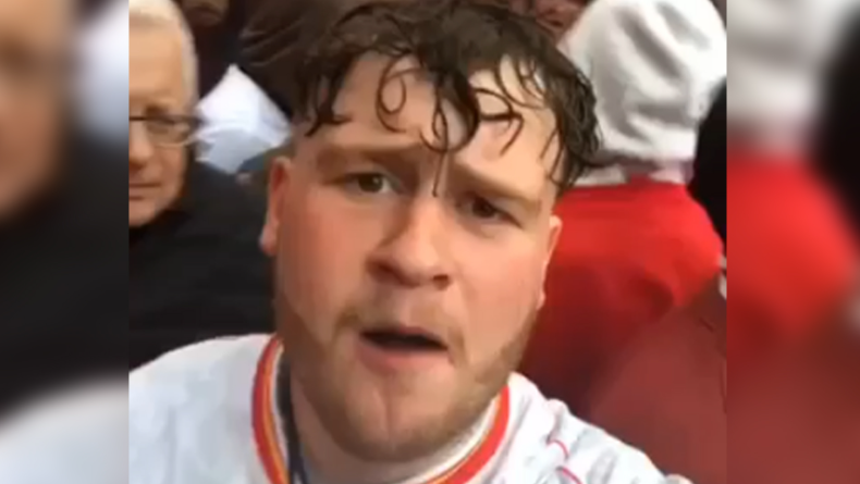 Jacob is wearing a Liverpool top and is in among the crowds celebrating in the city.