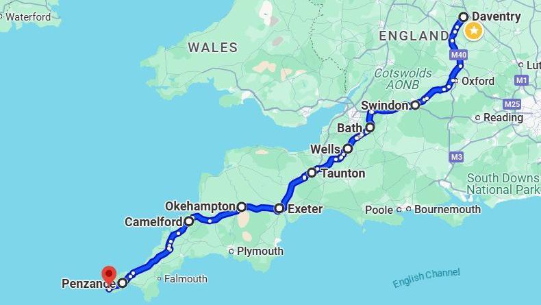 A map showing central and southern England, with a blue line showing the route between Daventry and Land's End.