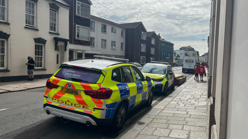 A row of buildings on a main road, two police cars parked next to the pavement.

