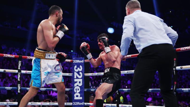 Nathan Heaney totters just before his seventh-round stoppage by France's Sofiane Khati at Manchester's Co-op Live arena