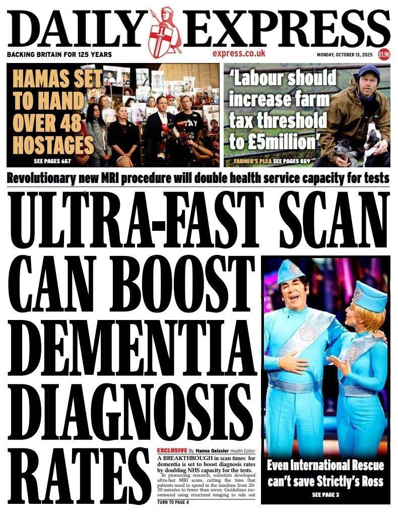 The headline on the front page of the Daily Express reads: "Ultra-fast scan can boost dementia diagnosis rates".