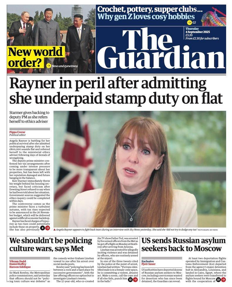 The headline on the front page of the Guardian reads: "Rayner in peril after admitting she underpaid stamp duty on flat."