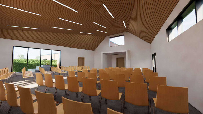 A CGI of several rows of chairs pointing towards a door at the back of a crematorium room.