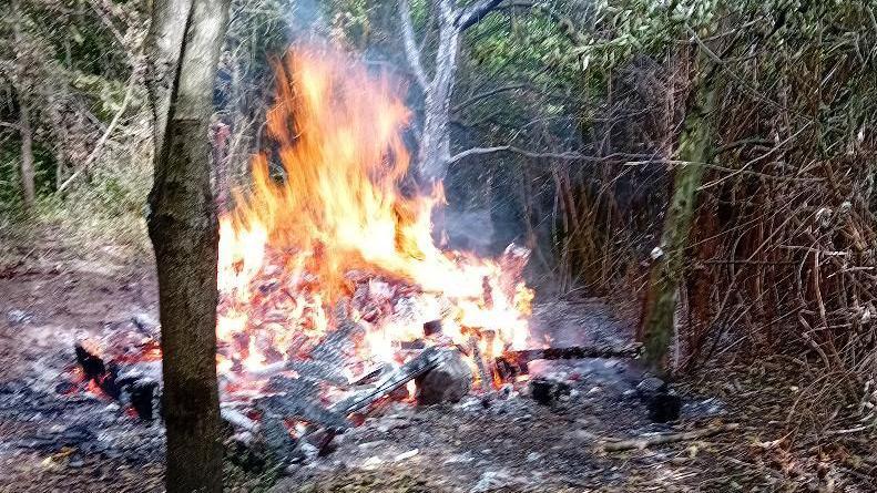 A fire in the woodland area burns brightly