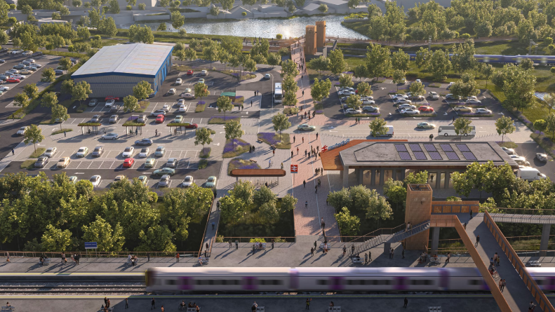 An overhead view of the station, which reveals improved connectivity for those walking to the station, as well as parking on the site.