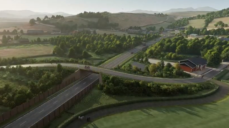 A computer generated image of a new scheme for the A595 showing a new bridge over a new road.