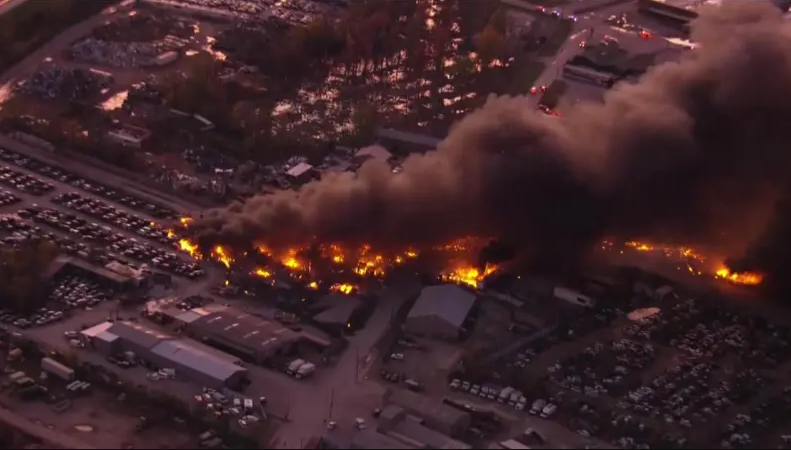 An aerial shot of burning buildings after a plane crash at Louisville Airport
