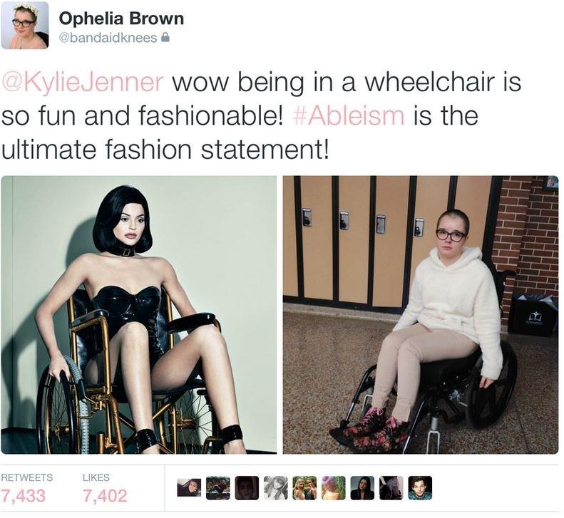 Tweet - picture of Kylie Jenner next to picture of Ophelia Brown in wheelchair