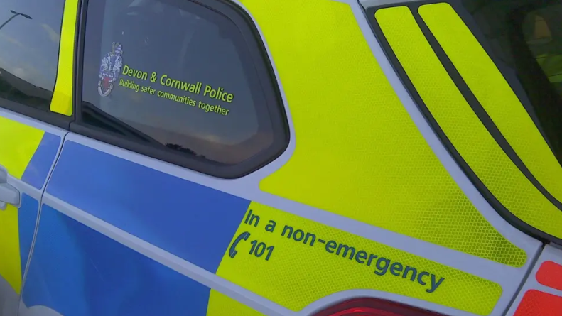 A close-up of the side of a Devon and Cornwall Police car. It is yellow and there is a blue patch on the door.