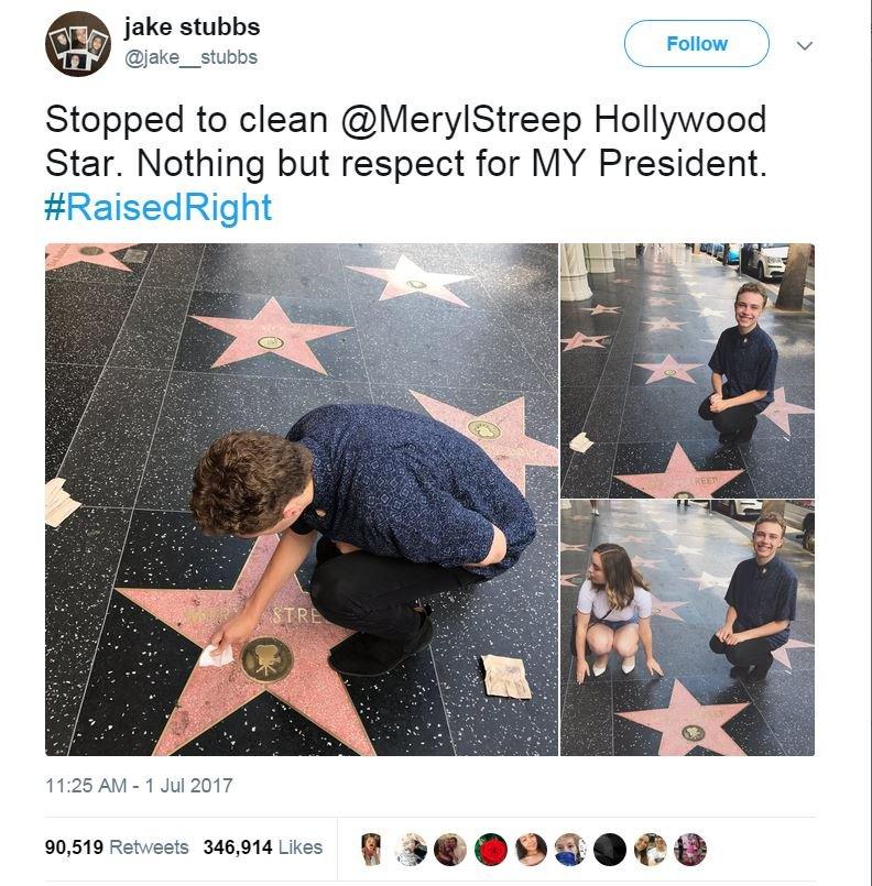 Man kneeling next to Meryl Streep Hollywood star. Tweet saying: Stopped to clean @MerylStreep Hollywood Star. Nothing but respect for MY President. #RaisedRight