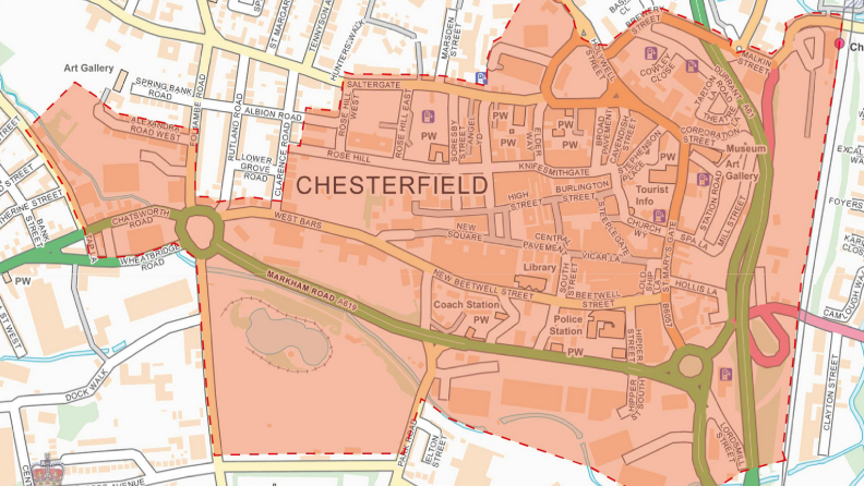 A map of Chesterfield with an area shaded in pink to show the area of the order