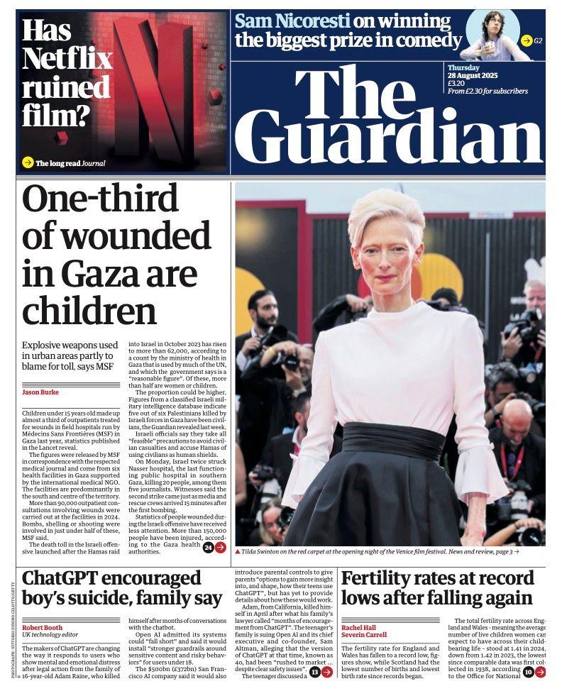 The headline on the front page of the Guardian reads: "One-third of wounded in Gaza are children".