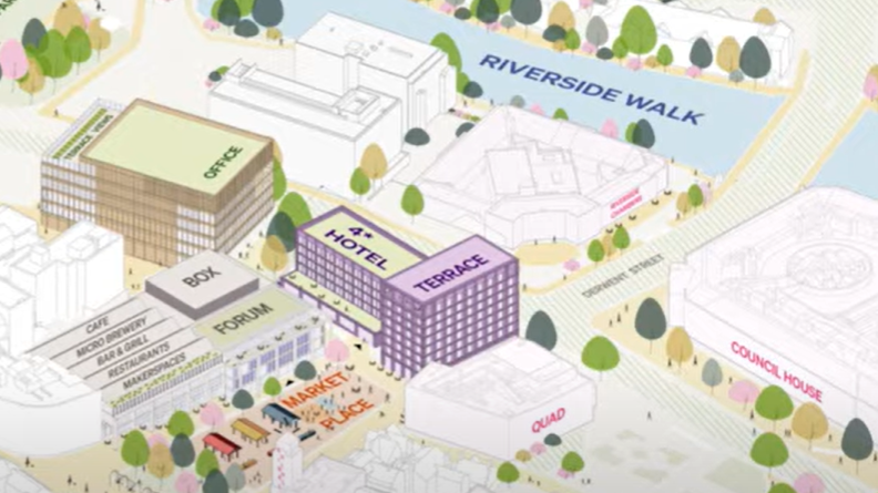 Map graphic if Derby city centre with buildings labelled FORUM, BOX, TERRACE, 4* HOTEL