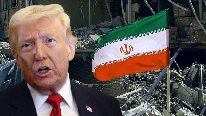 Collage of Donald Trump and a destroyed building with an Iranian flag flying