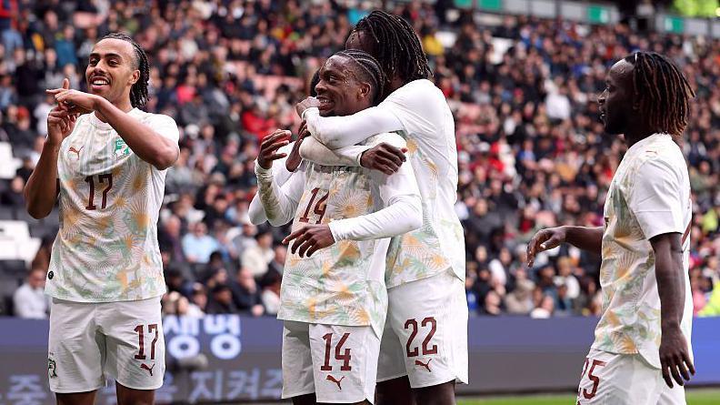 Ivory Coast celebrate a goal from Martial Godo (second left) against South Korea
