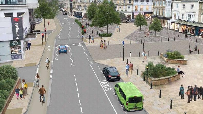 An artist's impression of how the area around Harrogate railway station could look after work - with several people and vehicles, plus pedestrianised areas to walk and sit, and several trees and bushes. The station is on the left, with shops on the right.