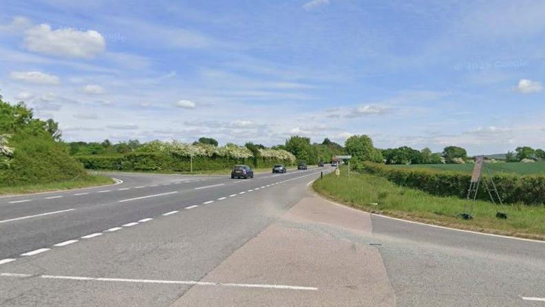 A Google Maps image of an A-road staggered junction with short slip roads.