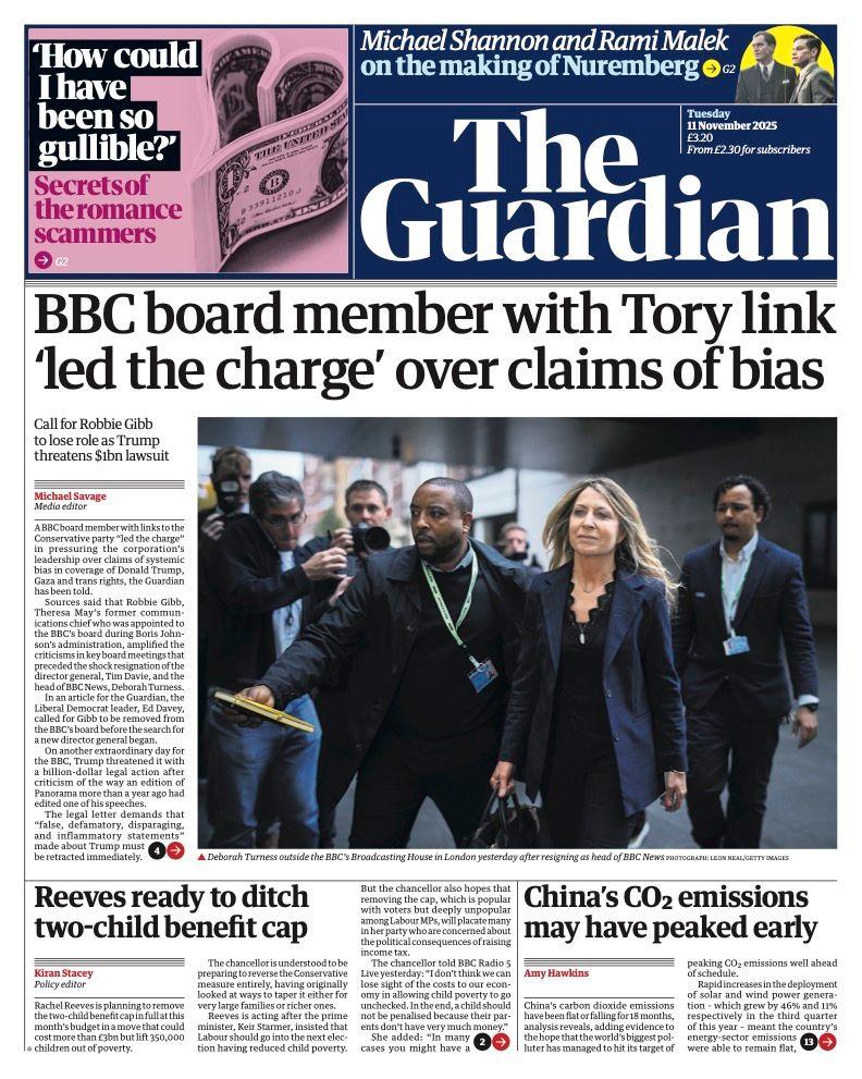 The headline on the front page of the Guardian reads: "BBC board member with Tory link 'led the charge' over claims of bias". 