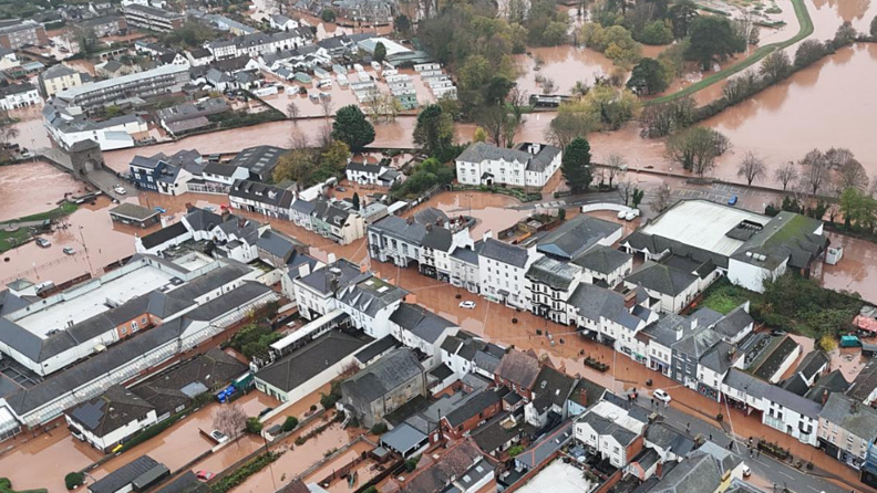 Aerial footage shows flooded streets and fields in Monmouth