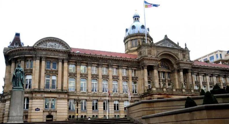 Birmingham Town Hall in Victoria Square, where a statue of the late queen is on a plinth to the left of the shot