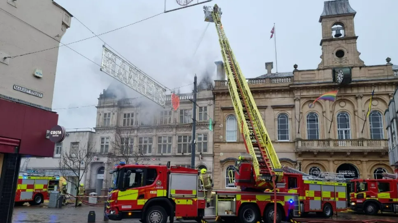 Fire service at a fire in Loughborough town centre in March 2023