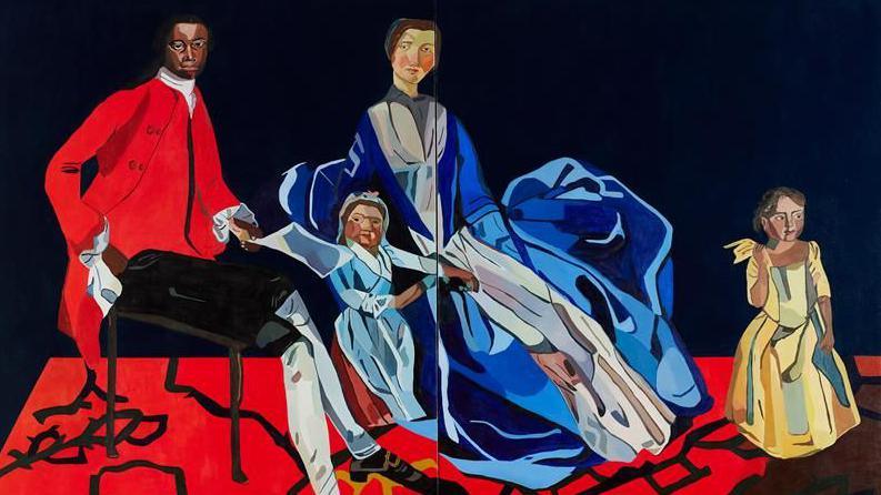A painting shows a black man in a red jacket, sitting near a white woman in a blue dress, alongside two children, one wearing a blue dress and the other a yellow dress