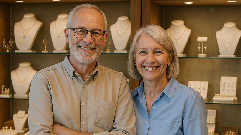 A man and a woman are smiling and standing in front of a counter filled with jewellery