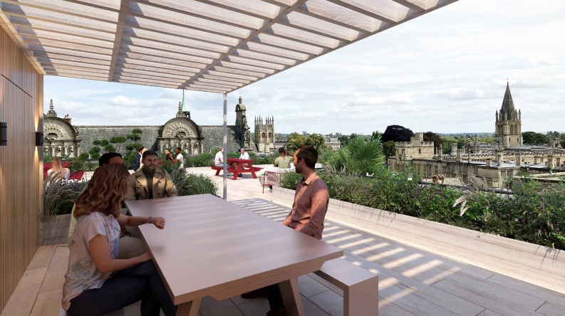 A CGI image of people sitting at picnic tables on the planned - now rejected - roof terrace, with the top of Oxford's Town Hall and the city's famous skyline visible. 