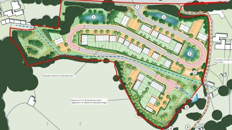 A computer generated plan for the new homes - it shows drawings of homes and a has a diagram of where boundaries and homes will be built.