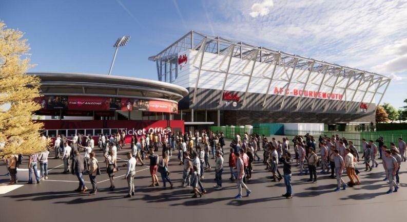 Computer generated image of how the new upgraded stadium would look from the outside. A large round ticket office building sits next to large white seating stand. The concourse is full of people walking towards the building.
