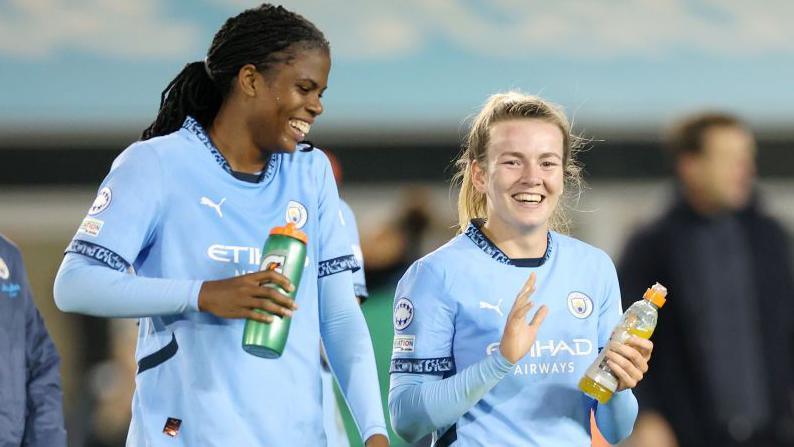 Khadija Shaw and Lauren Hemp following City's 2-0 win over Barcelona