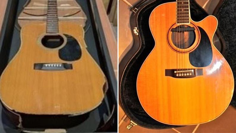 A smashed guitar broken by Oasis frontman Liam Gallagher and the guitar Liam's bandmate brother Noel gave him by way of an apology