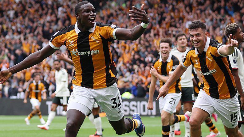 Nobel Mendy celebrates Hull City's second goal against Manchester United