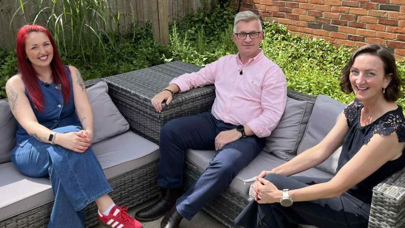 Would-be house hunter Lauren Pinch, Spencer Burrell of Big Sky Living - the developer of the estate at Cringleford, and businesswoman CJ Green discussing housing issues as part of BBC Politics East special programme
