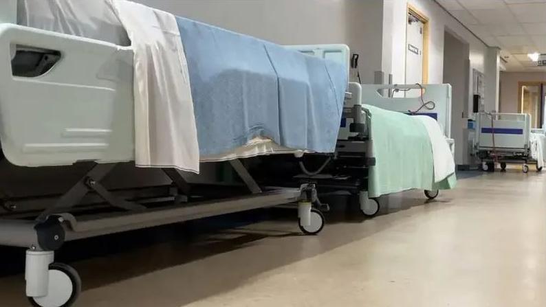 Empty hospital beds lining the corridor of a hospital ward. They have blue and green blankets draped across them.