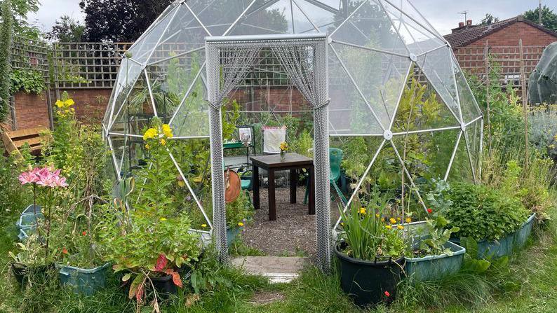 A greenhouse with plants and flowers inside along a table and chair