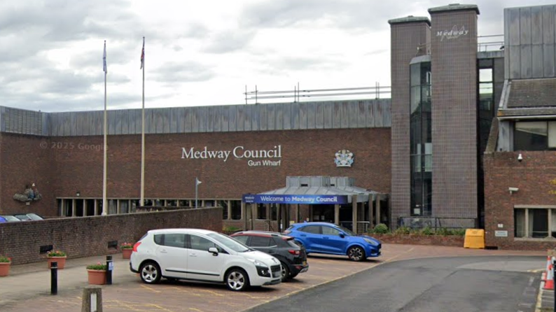 A Google Street image of a brown bricked-building. There are letters on the front which say "Medway Council Gun Wharf" and another sign that says "Welcome to Medway Council".