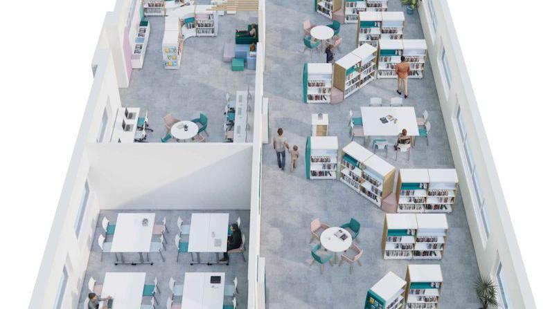 Graphic showing new library site at Penmorfa with tables, chairs and bookshelves in several different-sized rooms