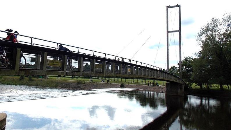 North side of Blackweir Bridge across the River Taff, Cardiff The suspension footbridge, built in the 1980s by engineering students from Cardiff University, gives a well-used route between Bute Park and Pontcanna Fields.