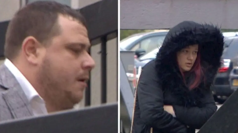 Side-by-side images of a man and women outside a court. The man is in his early 30s and has short brown hair and is wearing a grey checked suit jacket and white shirt, and the woman has her arms folded. She is in her late 20s with long red hair, and has the fur hood of her black coat up as she walks past parked cars.