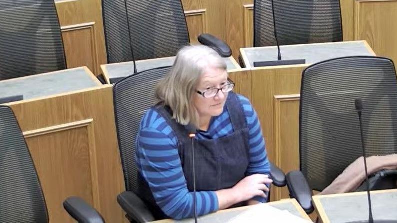 Suzanne Wright at the council meeting on Friday. She is sitting at a desk and speaking into a microphone. She has shoulder-length grey hair, glasses and is wearing blue dungarees on top of a blue striped long-sleeve t-shirt.