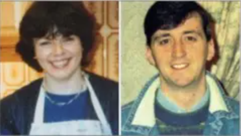 A smiling dark hair woman wearing an apron and a man with very dark hair and a denim jacket. It is a composite of two pictures put together